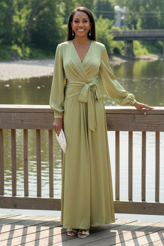 Elegant Satin Long Sleeve Wrap Maxi Dress