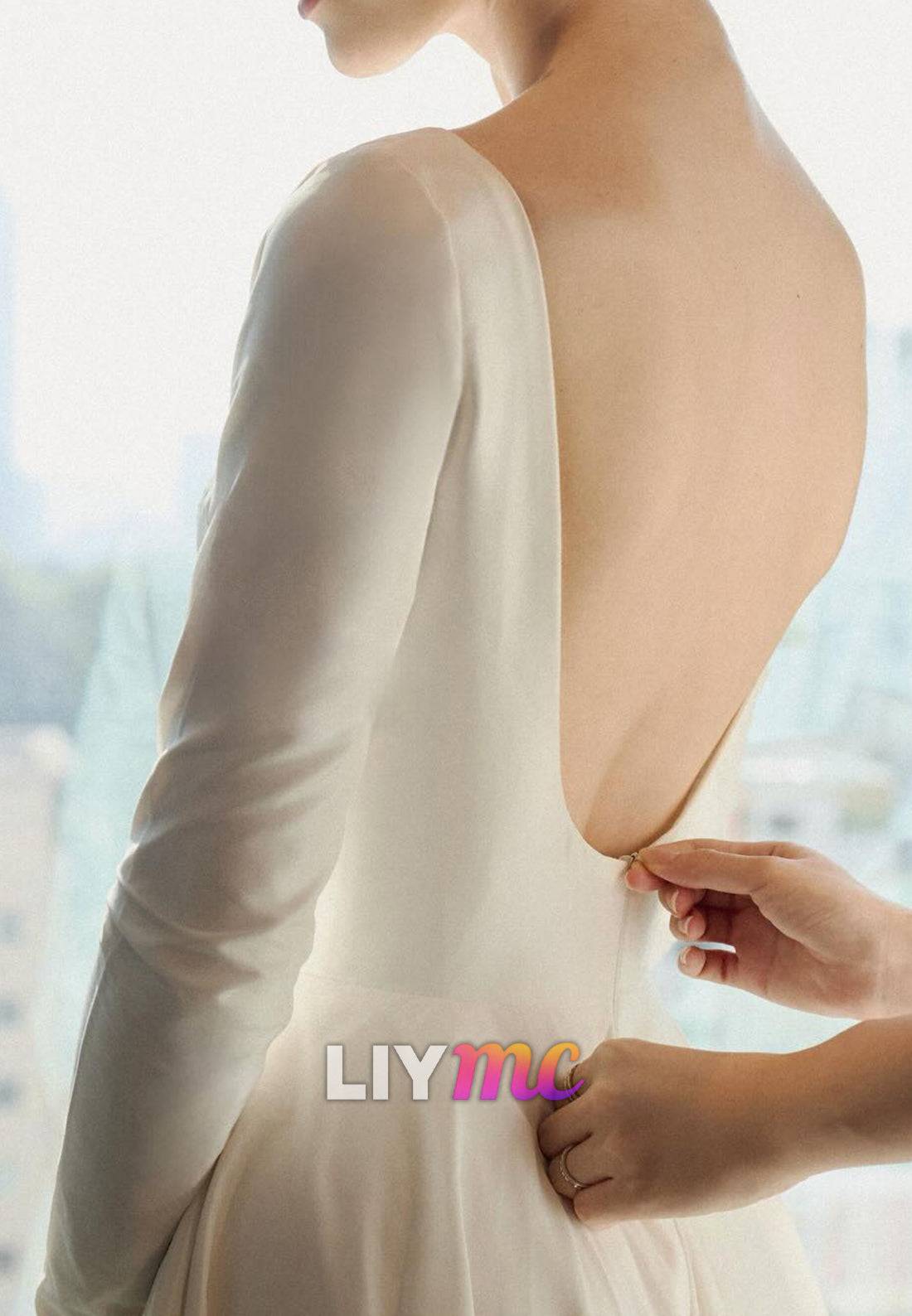 Minimalist Long Sleeve Open Back Satin Wedding Dress