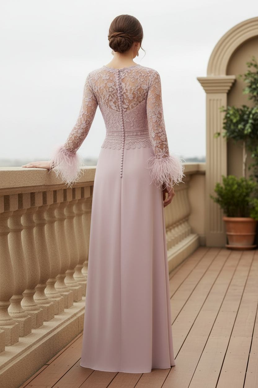 Lace V-Neck Long Sleeve Evening Gown