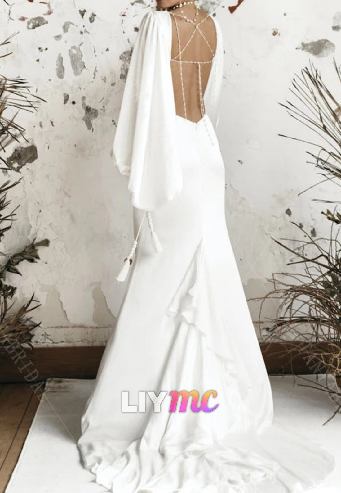 Deep V Cutout Mermaid Wedding Dress Long Bell Sleeves