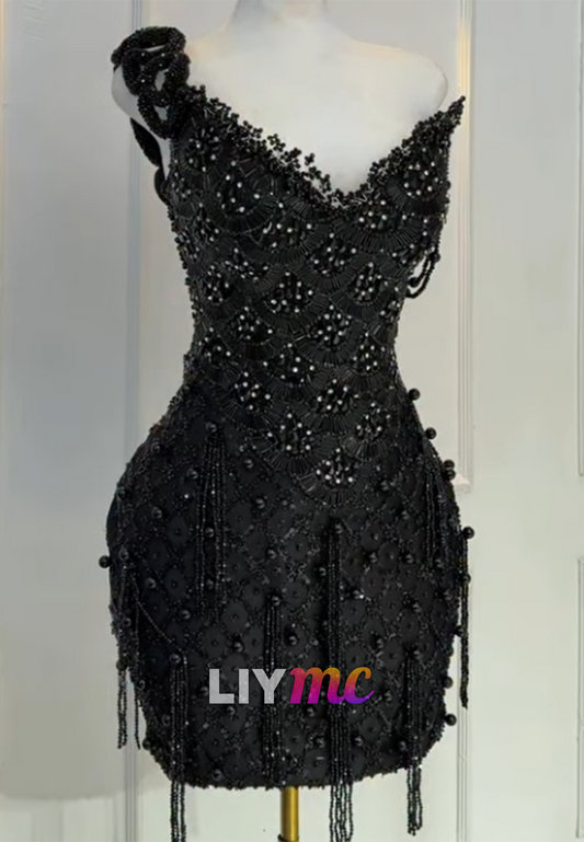 One-Shoulder Beaded Mini Dress with Fringe