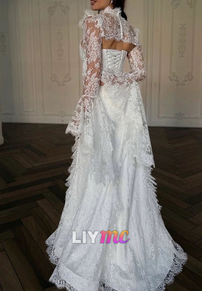 High Neck Lace Mermaid Wedding Dress with Bell Sleeves
