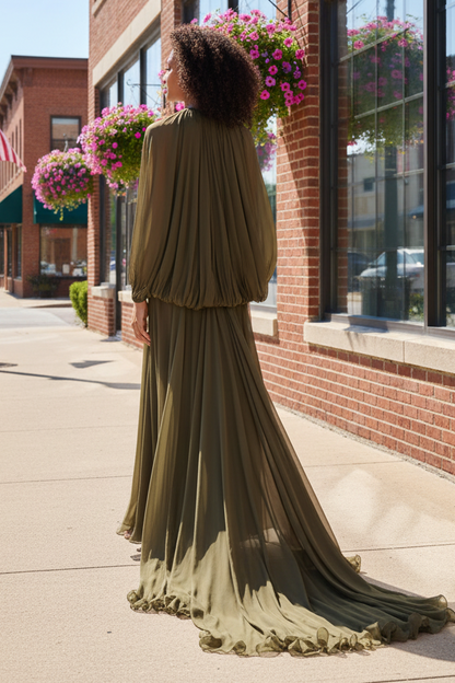 High Neck Pleated Chiffon Gown with Cape Back