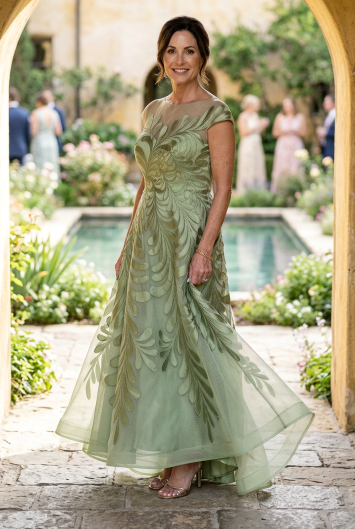 Embroidered Mesh A-Line Gown with Cap Sleeves