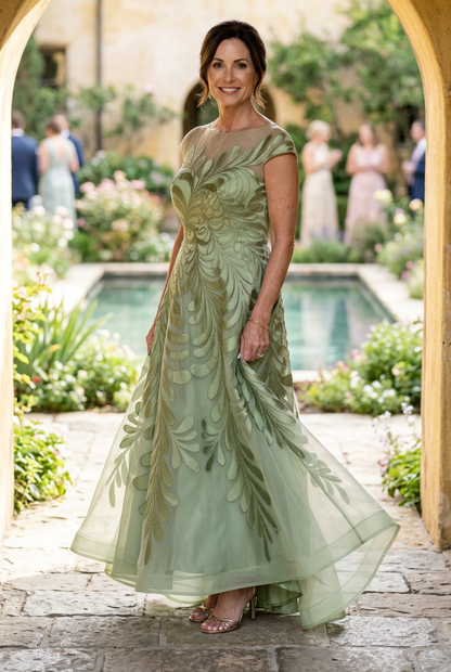 Embroidered Mesh A-Line Gown with Cap Sleeves