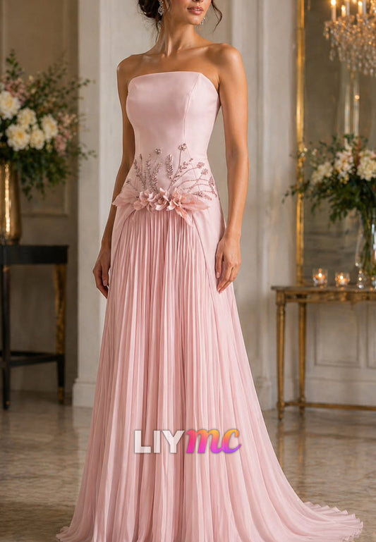 Strapless Pleated A-Line Gown with 3D Floral Waist
