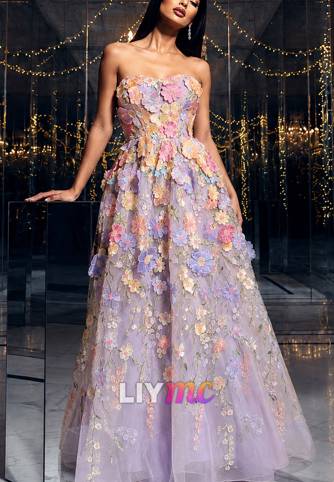 Strapless 3D Floral Applique A-Line Gown