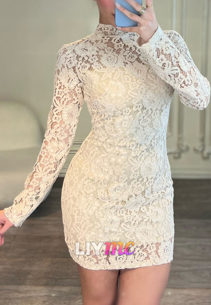 High Neck Long Sleeve Lace Bodycon Mini Dress