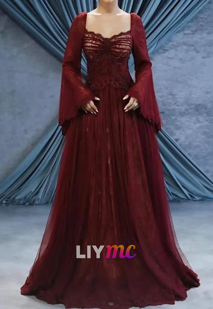 Lace Bell Sleeve A-Line Gown with Square Neckline