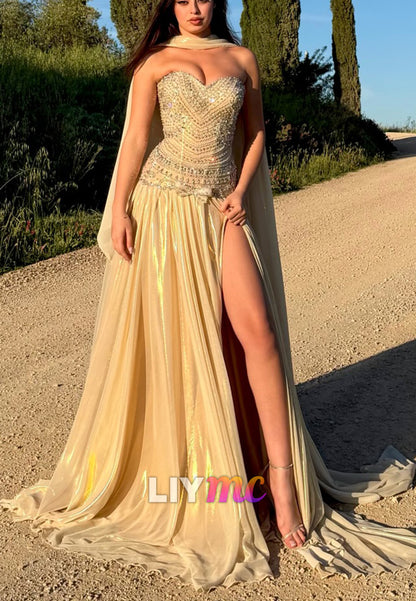 Sweetheart Beaded Corset Gown with Cape and Slit