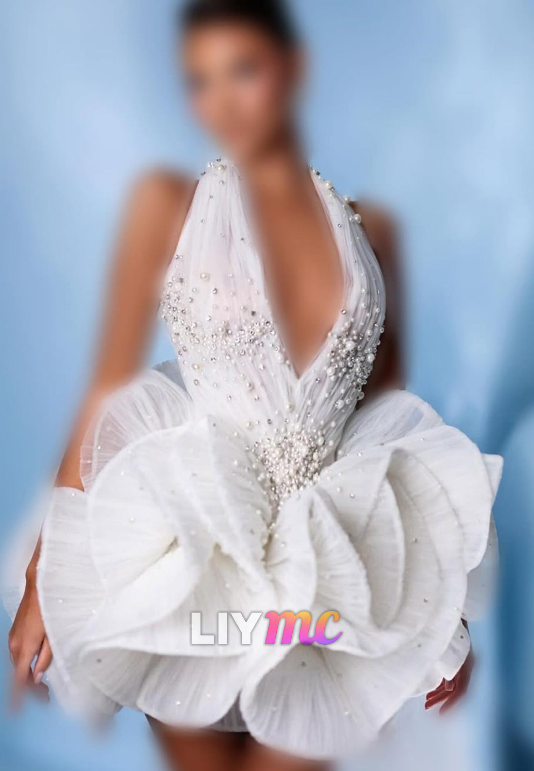 Pearl-Beaded Halter Mini Dress with 3D Flower Skirt