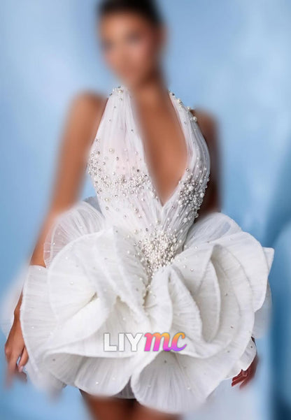 Pearl-Beaded Halter Mini Dress with 3D Flower Skirt