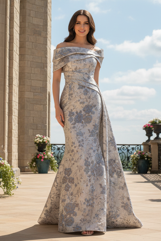 Off-the-Shoulder Jacquard Gown with Side Drape