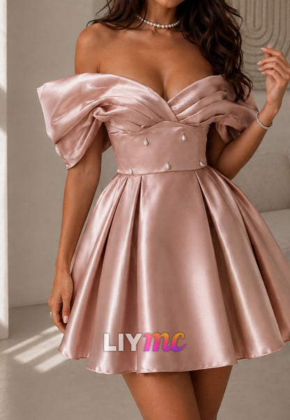 Off-the-Shoulder Satin Mini Dress with Pearls
