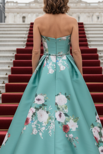 Strapless Floral Print Pleated Evening Gown
