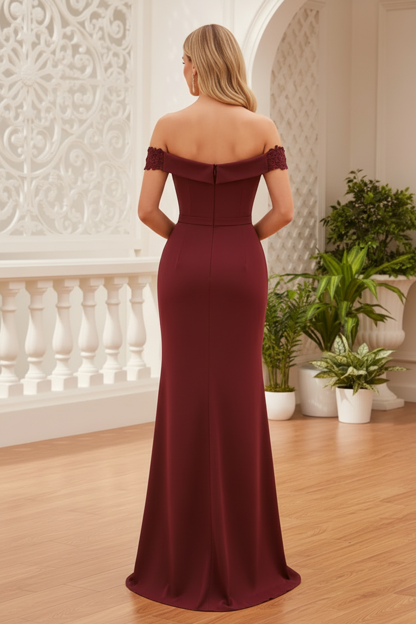 Off-Shoulder Ruched Satin Evening Gown
