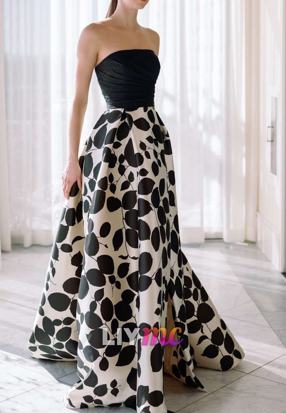 Strapless Ruched Bodice Printed A-Line Evening Gown