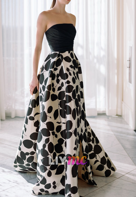 Strapless Ruched Bodice Printed A-Line Evening Gown