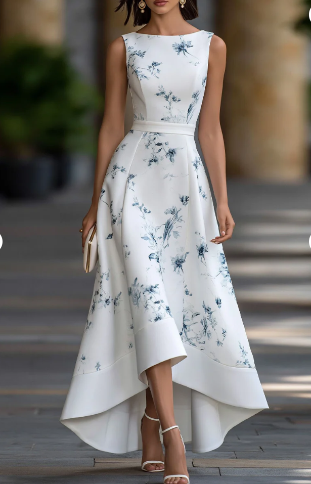 Sleeveless Floral High-Low A-Line Midi Dress