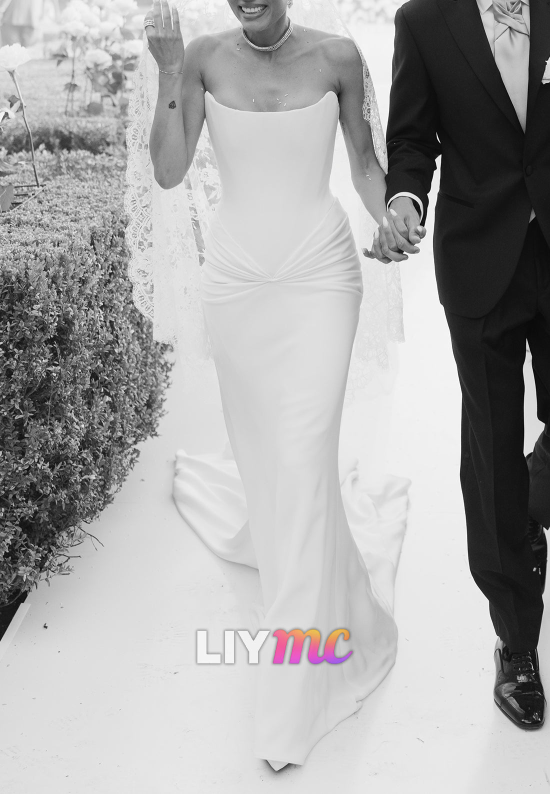 Strapless Pleated Satin Mermaid Wedding Gown