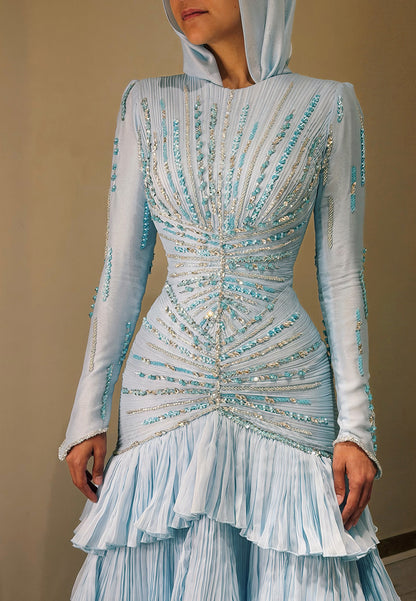 Long-Sleeve Hooded Gown with Beaded Bodice & Tiered Skirt
