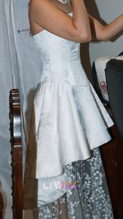 Strapless Jacquard High-Low Gown with Sheer Skirt