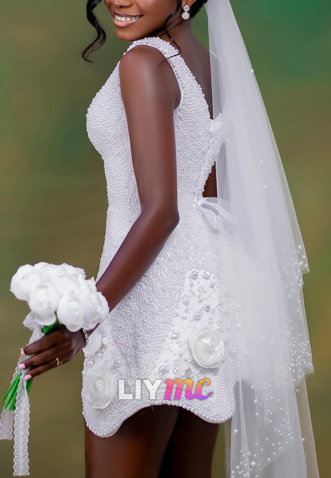 Pearl Beaded Mini Wedding Dress with 3D Flowers