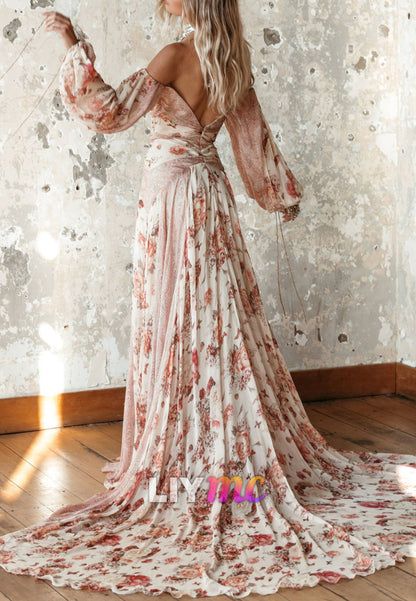 Floral Off-Shoulder Chiffon Wedding Dress