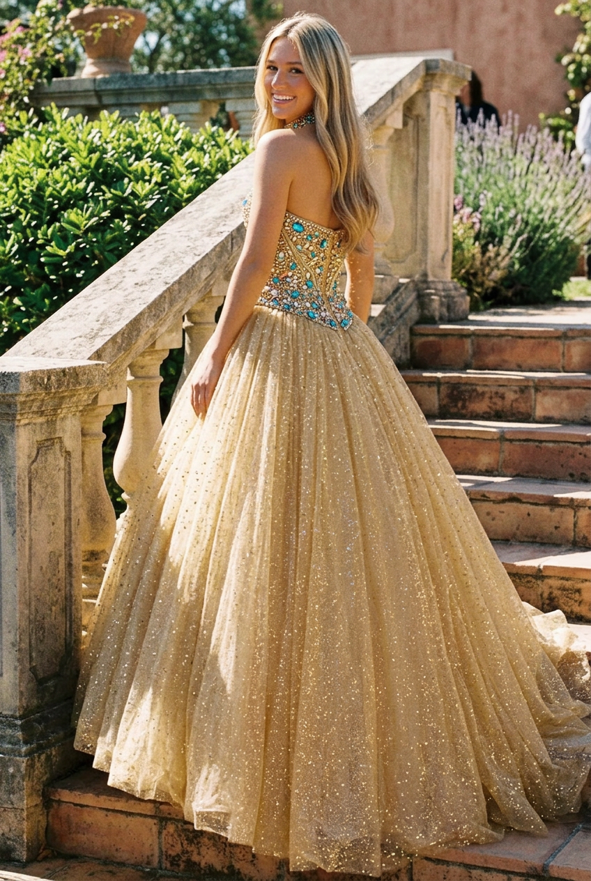 Beaded Corset Glitter Tulle Ball Gown with Cape