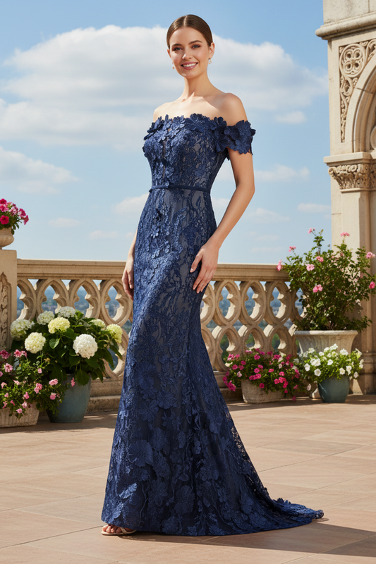 Off-the-Shoulder 3D Floral Lace Mermaid Gown