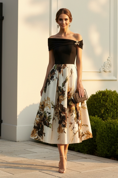 Off-Shoulder Floral Print Midi Dress with Pleated Bodice