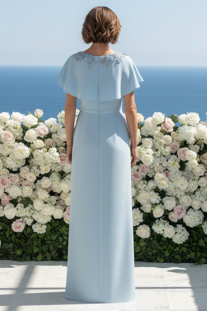 Cape Sleeve Beaded Floral Evening Gown