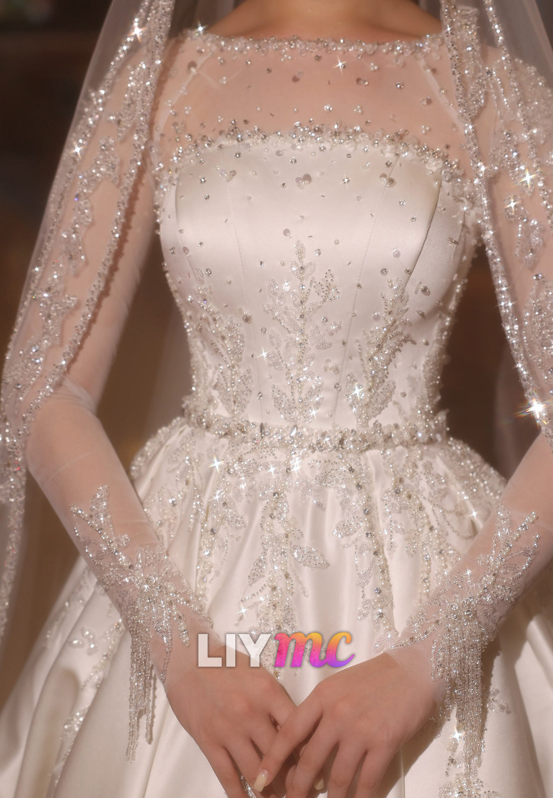 Beaded Illusion Long Sleeve Satin Ball Gown Wedding Dress