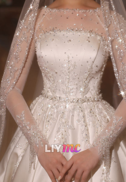 Beaded Illusion Long Sleeve Satin Ball Gown Wedding Dress