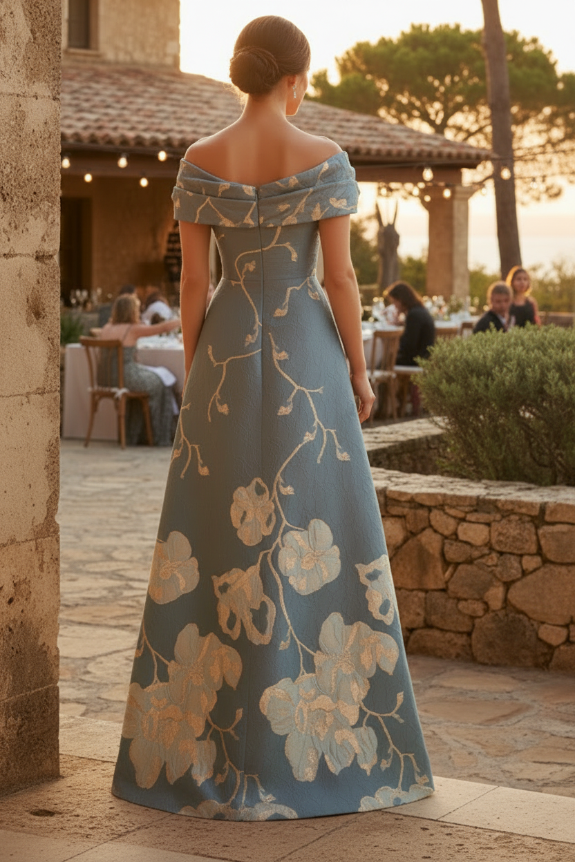 Off-Shoulder Floral Jacquard A-Line Evening Gown