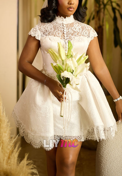 High Neck Lace Mini Wedding Dress with Cap Sleeves