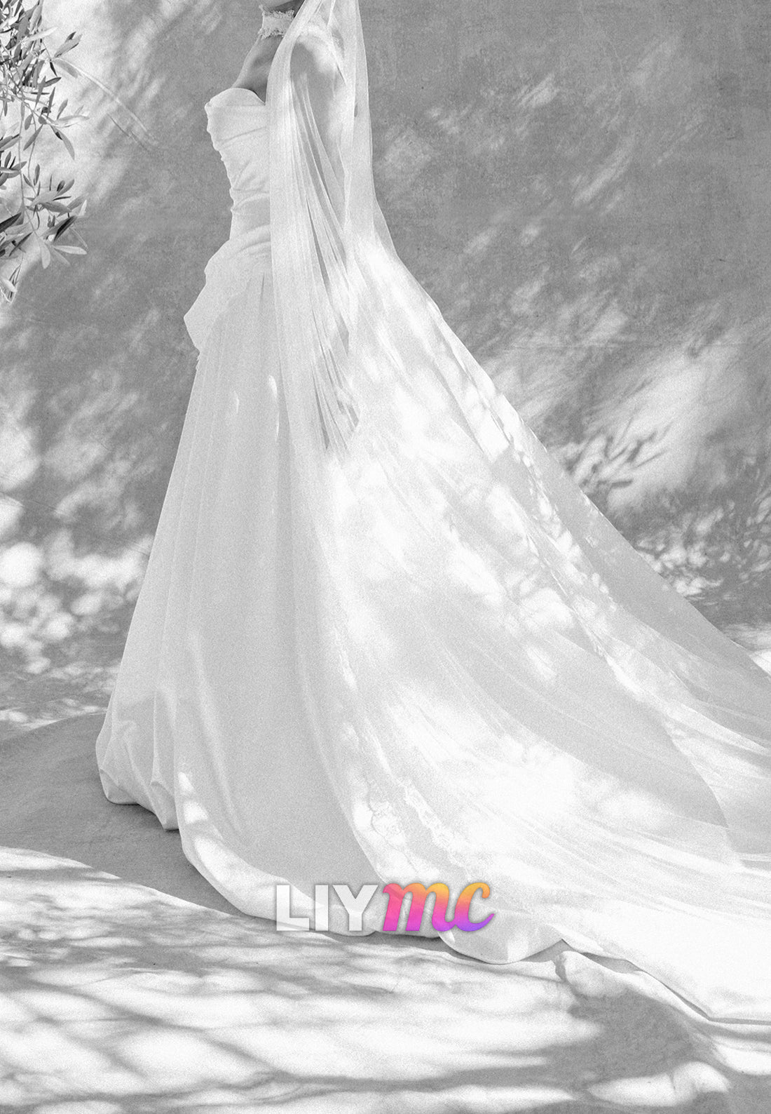 Strapless Ruched A-Line Gown with Lace Trim