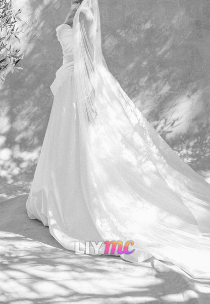 Strapless Ruched A-Line Gown with Lace Trim