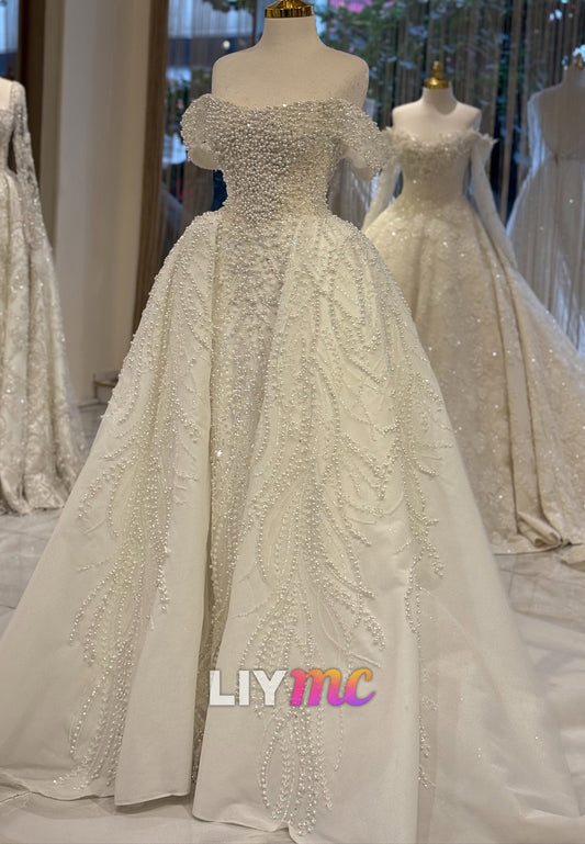 Off-the-Shoulder Pearl Beaded Ball Gown Wedding Dress