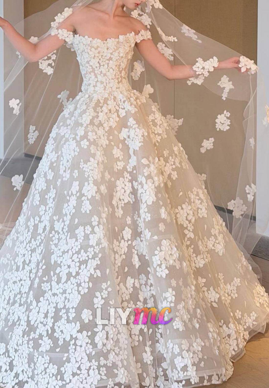 Off Shoulder Floral Applique Ball Gown Wedding Dress