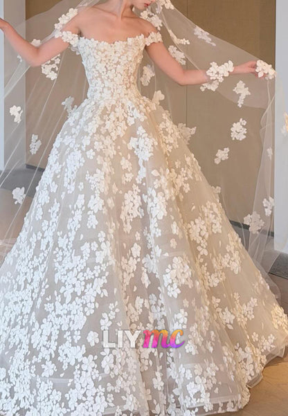 Off Shoulder Floral Applique Ball Gown Wedding Dress