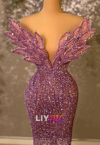 Glitter Mermaid Evening Gown with Petal Shoulder Wings