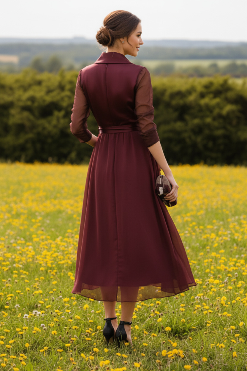 Collared Wrap Midi Dress with Sheer Sleeves