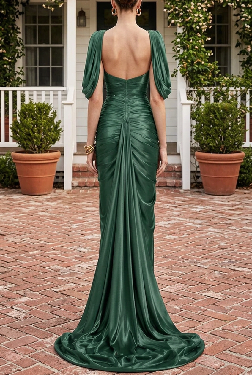 Ruched Off-the-Shoulder Evening Gown with Slit