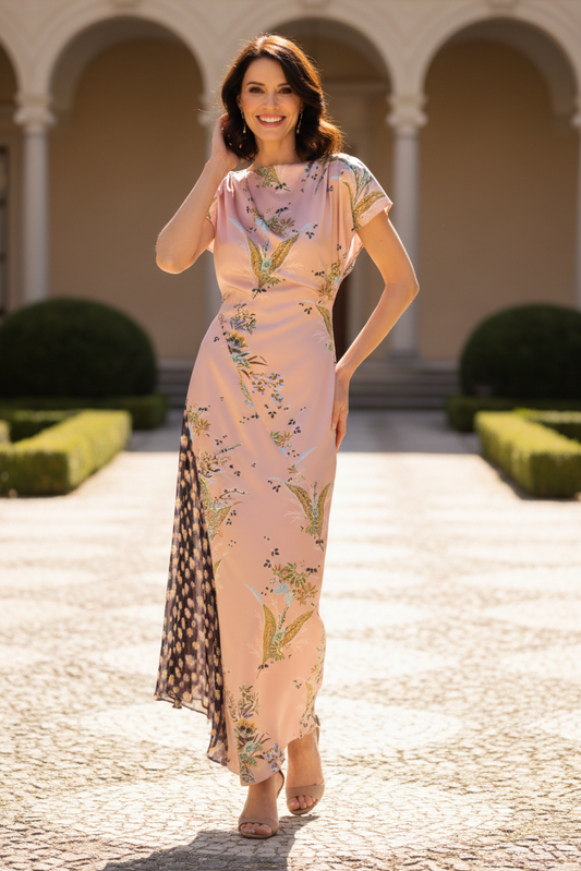 Floral Satin Maxi Dress with Flutter Sleeves