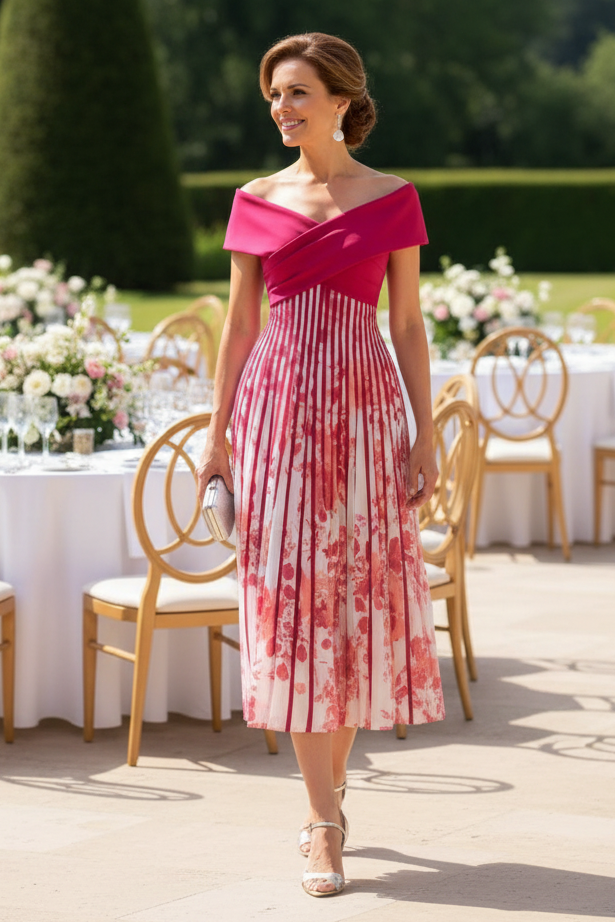 Pleated Midi Dress with Wrap-Over Bodice