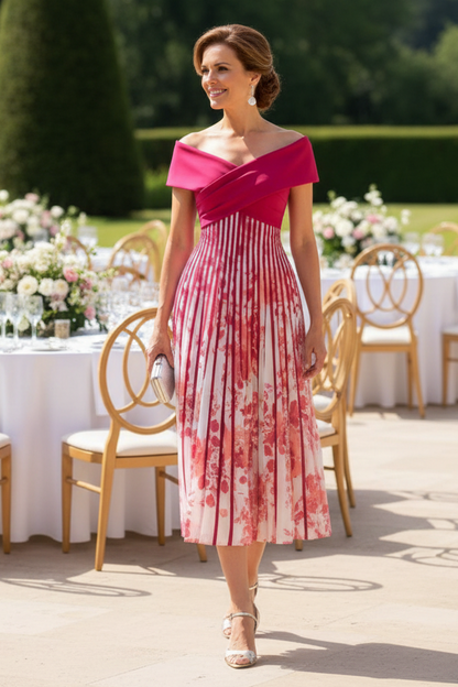 Pleated Midi Dress with Wrap-Over Bodice