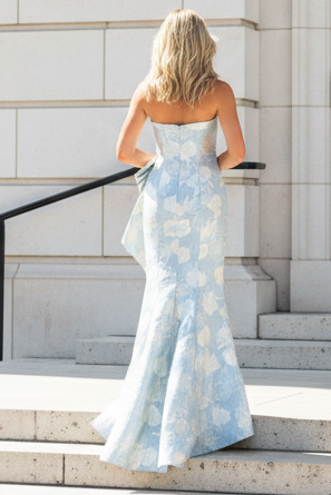 Strapless Jacquard Floral Trumpet Gown with Side Drape