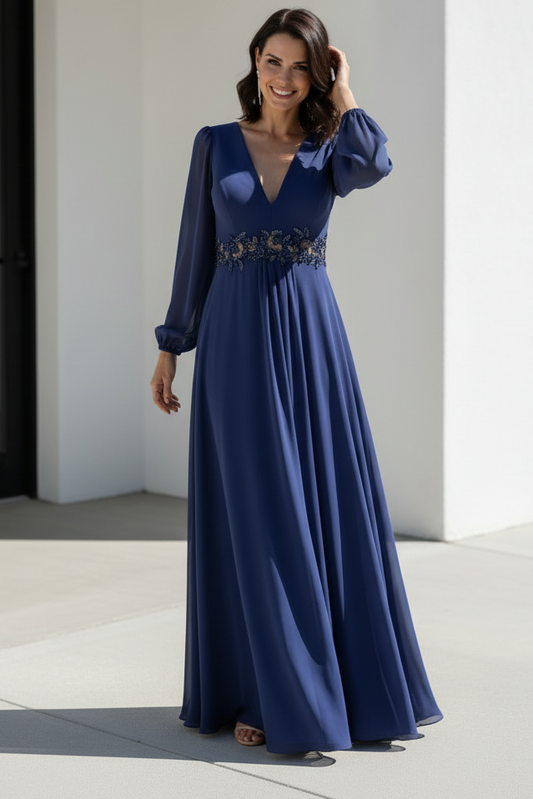 V-Neck Empire Waist Chiffon Gown with Long Sleeves