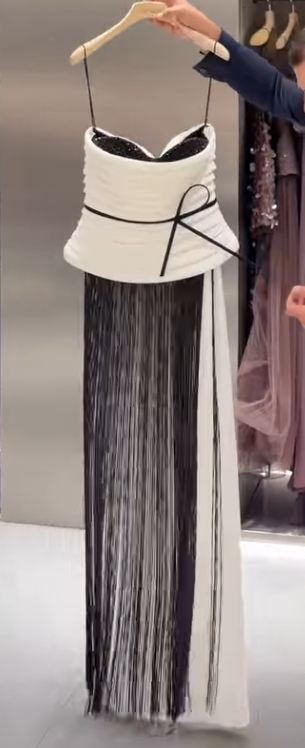 Pleated Peplum Gown with Long Fringe Skirt